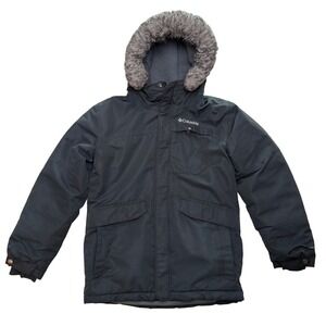 Columbia Winter Parka Omni-Tech Faux Fur Hood Black Out-Grown System Kids S/M